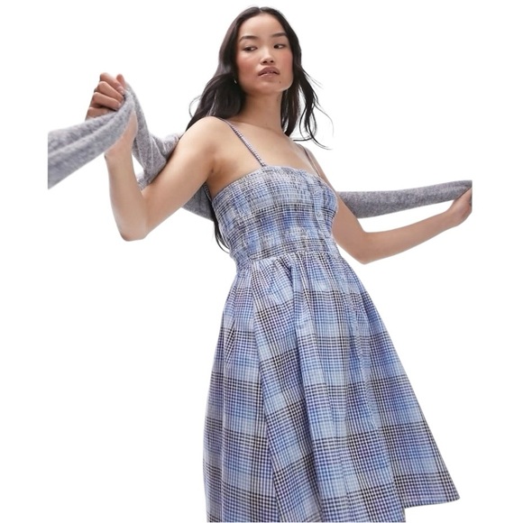 Topshop Dresses & Skirts - Topshop Blue Plaid Smocked Midi Dress